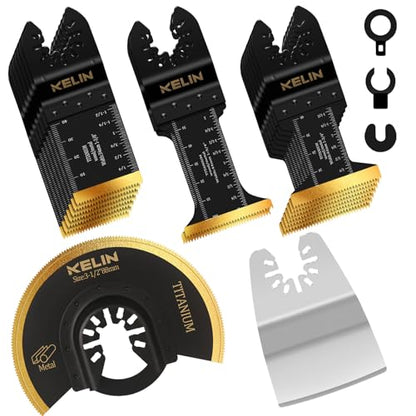 KELIN 18PCS Titanium Oscillating Tool Blades, Universal Multitool Blades | Multi Tool Blades Stainless Steel Scraper,Semicircle for Light Metal Sheet Pipe and Wood (NOT for Star Lock Interface) - size: 18 PCS (with Scraper & Semicircle Kit)