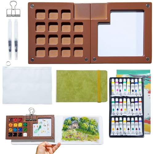 Mini Watercolor Travel Painting Set with 15 Grid Walnut Wood Palette | Protable Pocket Watercolor Kit with Paint, Brush, Sketchbook & Copper Clip for Painters Student Artists - size: 15 Grid Walnut Wood