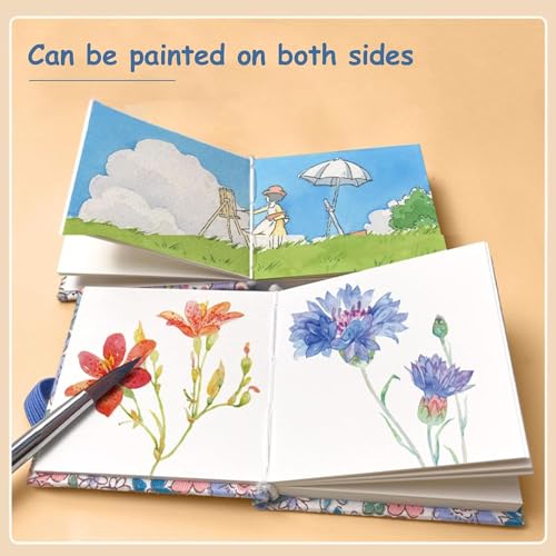 Portable Sketchbook Palette Set - 8 Grids Mini Wood Travel Paint Palette Box for Gouache, Acrylic Painting - Comes With Watercolor Paper Journal, Brush Pens and Clip