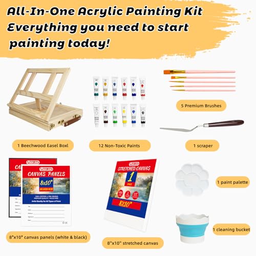 Portable Tabletop Easel Set 24-Piece Acrylic Paints Brushes Canvases - size: art easel box-24pk
