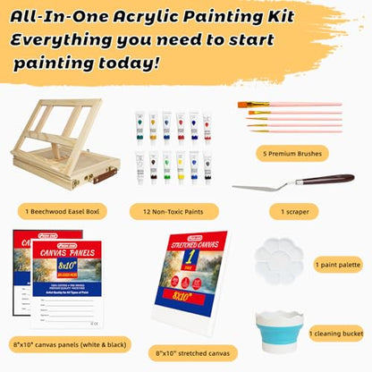 Portable Tabletop Easel Set 24-Piece Acrylic Paints Brushes Canvases - size: art easel box-24pk
