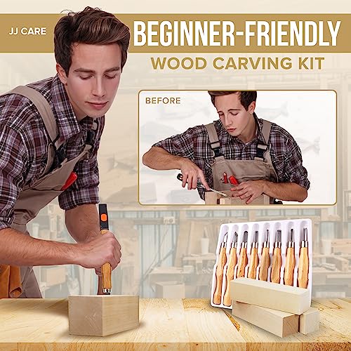 JJ CARE Wood Carving Kit [8 SK7 Carving Knives with Beechwood Handle, 10 Basswood Carving Blocks, Carrying Case, Whittling Book], Beginner Wood Carving Kit - size: Set B