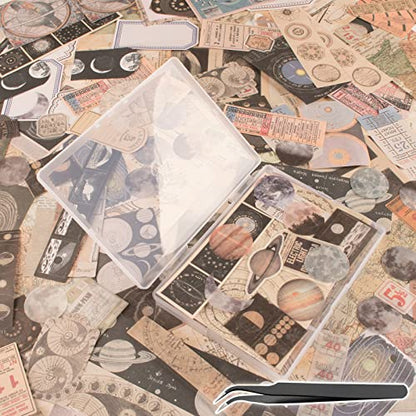 200Pcs Vintage Scrapbook Stickers, Aesthetic Junk Journal Stamping Supplies Kit, Scrapbooking Ephemera Washi Paper for Bullet Journaling Planners Diary Collage (Celestial) - style: Celestial