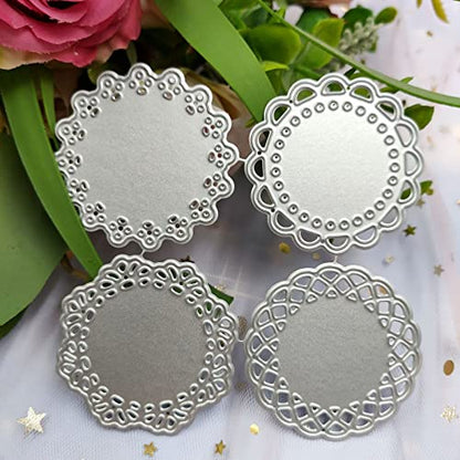 Metal Die Cuts Set 4 Different Patterns Lace Flower Border Cutting Dies for Scrapbooking Photo Album DIY Craft Die for Card Making (Round Lace Flower Border) - style: Four lace edge circles
