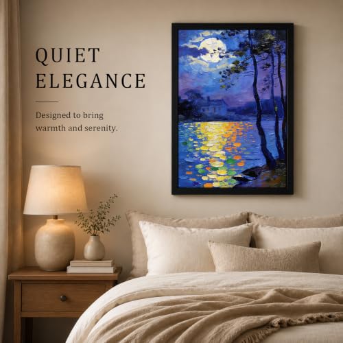 Seaofcity Moonlit Lake Landscape Wall Art, Framed Wall Art for Living Room, Night Blue Scene with Moon Reflection and Distant Cabin, Oil Painting on Canvas, Black Wood Frame, 8" W x 10" L - color: Moonlit Water Lilies, size: 10"l X 8"w