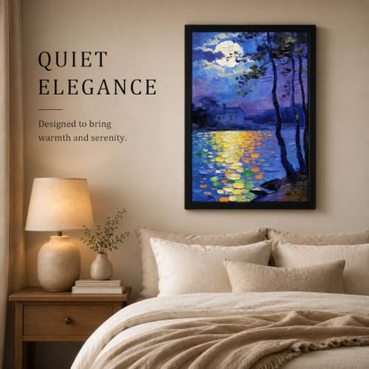 Seaofcity Moonlit Lake Landscape Wall Art, Framed Wall Art for Living Room, Night Blue Scene with Moon Reflection and Distant Cabin, Oil Painting on Canvas, Black Wood Frame, 8" W x 10" L - color: Moonlit Water Lilies, size: 10"l X 8"w