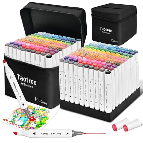 Taotree Alcohol Markers 100 Colors & Case & Holders, Dual Tips Art Markers | Coloring Pens Set, Chisel & Fine Art Supplies for Adult Coloring Books, Artist Sketch Pens Drawing Set, Painting, Sketching - color: 100 Colors White with Holder