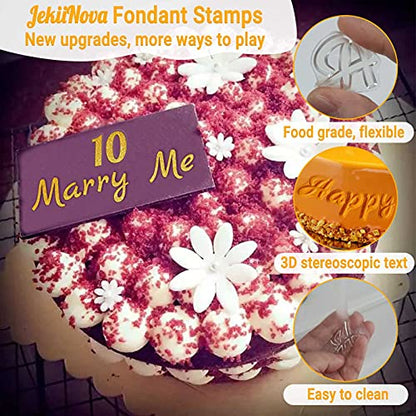 4 PCS Alphabet Letter Fondant Stamps for Biscuit Cake Cookie, Upgraded Food Grade Alphabet Cake Stamp Tool Uppercase Extra Spare Lowercase Numbers Phrases for Christmas Party Reusable Cookie Stamp - color: Clear