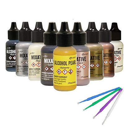 Tim Holtz Alcohol Pearls Bundle Winter 2019 Release Plus Bonus Blending Tools (Metallics, Pearls, Mixatives) - color: Metallics, Pearls, Mixatives
