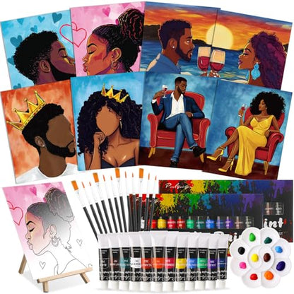 Cholemy 36 Pcs Paint and Sip Kit Gift for Adults 8''x10'',Couple | Pre Drawn Canvas, Painting DIY Afro Acrylic Painting Kit, Wood Easel Brushes, Date Night Bulk, Summer Halloween Party - style: Couple