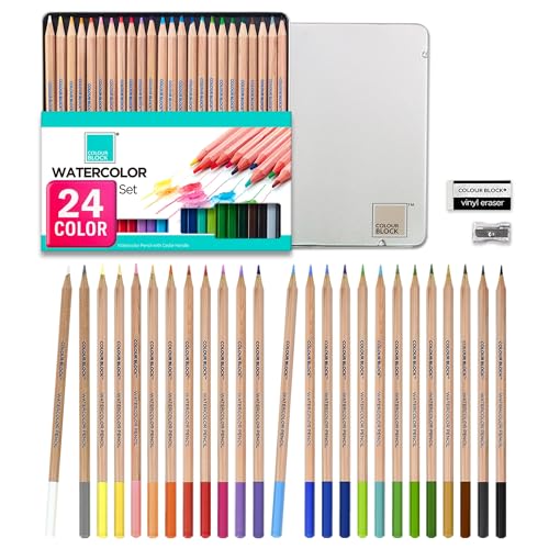 COLOUR BLOCK 24PC Premium Cedar Wood Watercolor Pencil Set with I Ideal pencil kit for Drawing, Sketching, Coloring and Painting travel watercolor pencils