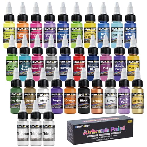 HOMY ARTY Airbrush Paint - 30 Colors with 3 Thinner | Ready to Spray Airbrush Paint Set, Water-Based Acrylic Air Brush Paints for Metal, Plastic Models, Canvas, Wood - 33 Bottles - color: 30 Colors with 3 Thinner