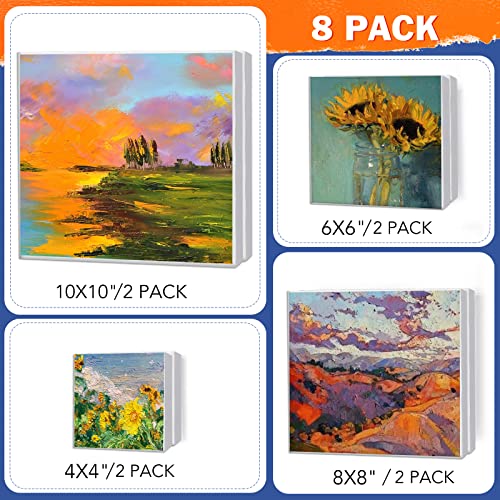 Stretched Canvases for Painting, 8PCS Multi Pack Square Canvas 4×4”, 6×6”, 8×8”, 10×10”(2 of Each), Acid-Free Wood Frame Blank Canvas, Art Canvas Pre Primed for Acrylic, Oil Painting, Tempera. - size: 8 Packs - 4 Sizes (2 of Each)