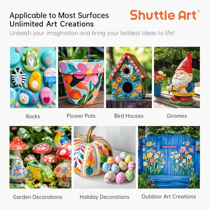 Shuttle Art Outdoor Acrylic Paint Set, 12 Colors Waterproof Paint, 8.45oz/250ml Large Bottles, Rich Pigmented Bulk Painting Supplies for Artists, Beginners on Rocks, Wood, Wall, Crafts, Garden Statues | Highly pigmented, non-toxic acrylic paints in bottle