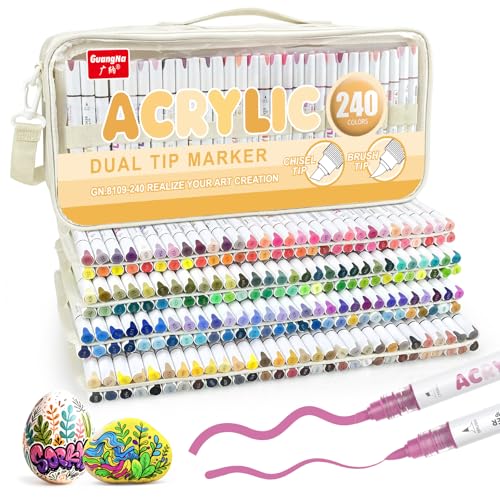 Guangna 240 Colors Dual Tip Acrylic Paint Markers, Brush Tip & Chisel Tip Acrylic Paint Pens for Rock, Wood, Glass, Paper, Coloring Book, Ceramic, Canvas, Water-Based Ink - color: 240 Colors