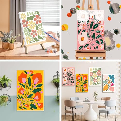 4 Pack Flower Paint by Numbers for Adults with Framed Canvas - Wooden Easel - color: BKH2183+BKH2184+BKH2185+BKH2186