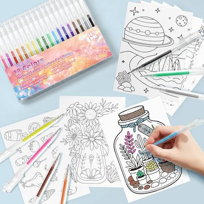 SKYDUE Glitter Gel Pens Set of 18 Colors | Sparkle Fine Point Pens, Non-Toxic, Ideal for Adult Coloring Books, Drawing, Journaling, Scrapbooking & DIY Crafts