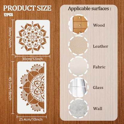 12Pack Large Mandala Stencils for Painting on Wood 18x10 in and 12x 12 in Damask Stencils for Walls Reusable Floral Texture Stencil with Brushes Drawing Templates for Floor Furniture Tile Fabric - style: Mandala Stencils-12PCS