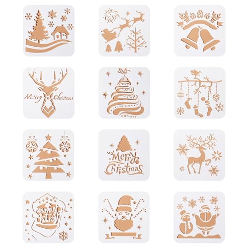 12 Pcs Christmas Stencils Reusable Painting Stencils, for Wall, Scrapbook, Xmas Greeting Card, DIY Project Drawing Aids