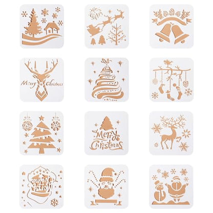 12 Pcs Christmas Stencils Reusable Painting Stencils, for Wall, Scrapbook, Xmas Greeting Card, DIY Project Drawing Aids