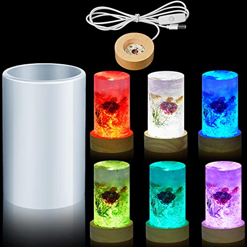 2 Pieces DIY Resin Lamp Mold Kit for Flower Preservation, Large Cylinder Resin Casting Mold with 2 USB Wooden LED Light Bases, Preserved Flower Display Lamp Making Kit, Handmade Gift Home Decoration