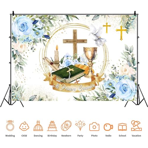 Yeele 5x3ft Mi Primera Comunion Backdrop Gold Chalice Holy Bible Wood Cross First Holy Communion Photography Background Baby Baptism Christening Decoration Banner Photo Props - size: 5x3ft