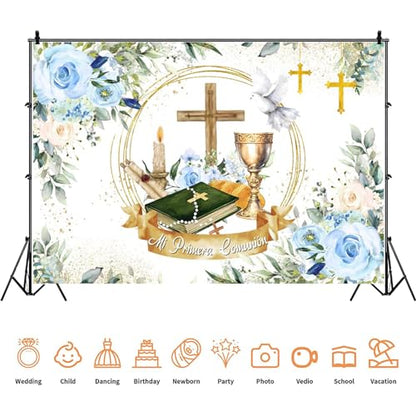 Yeele 10x6.5ft Mi Primera Comunion Backdrop Gold Chalice Holy Bible Wood Cross First Holy Communion Photography Background Baby Baptism Christening Decoration Banner Photo Props - size: 10x6.5ft