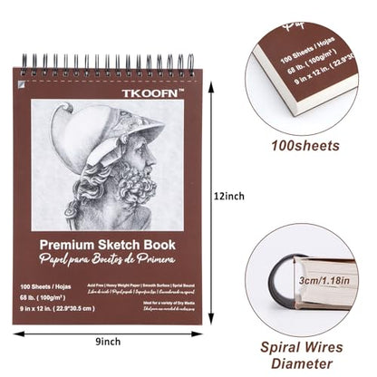TKOOFN 5 Pack 9" x 12" SketchBooks Bulk,Top Spiral Bound Sketchbook | 100 Sheet Each,500 Sheets total,68lb/100gsm thick,Acid-Free,Sketch Drawing Paper Pad for Adult Kids Artists Beginners - color: 5 Pack, size: 9" x 12"
