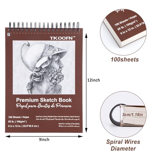 TKOOFN 5 Pack 9" x 12" SketchBooks Bulk,Top Spiral Bound Sketchbook | 100 Sheet Each,500 Sheets total,68lb/100gsm thick,Acid-Free,Sketch Drawing Paper Pad for Adult Kids Artists Beginners - color: 5 Pack, size: 9" x 12"