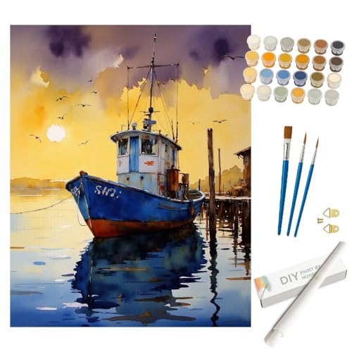 Seascape Paint by Numbers Kit for Adults - DIY Fishing Boat at Sunset Dock Painting on Rolled Canvas 16x20In, Acrylic Paint Set, Suitable for Beginners, Art for Home Decoration or Gifts - color: HSX01565, size: 16X20IN Rolled