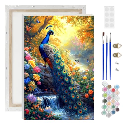 Lxmsja Peacock Paint by Numbers Kit for Adults, Waterfall Stream Acrylic Paint by Numbers for Adults Beginner, DIY Craft Supplies Oil Painting Kits for Home Wall Decor 8x12 inch (Framed) - color: blue#112