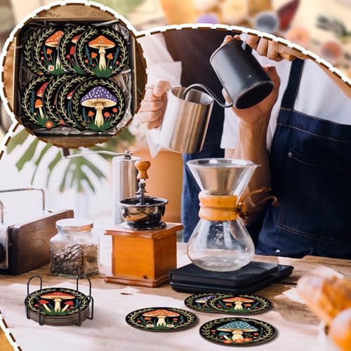 Reallnaive 8 Pcs Mushroom Paint by Numbers Kit for Adults Wooden Coasters | Mini Paint by Numbers, Tiny Black Round Oil Painting Drink Coaster with Holder, for Small DIY Craft Birthday Gift - style: Mushroom