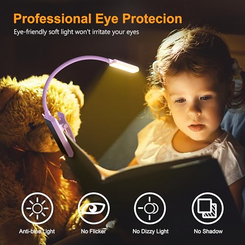 Gritin 9 LED Rechargeable Book Light for Reading in Bed | Eye Caring 3 Color Temps,Stepless Dimming Brightness,80 Hrs Runtime Small Lightweight Clip On Book Reading Light-Purple - color: Purple