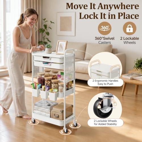 3 Tier Rolling Cart with 2 Drawers, Metal Utility Storage Carts with Wheels | Kitchen Rolling Cart 4.5" Deep Basket, Mesh Side Panel with 3 Cups, 4 Hooks for Office, Bedside, Craft Storage Cart - color: White