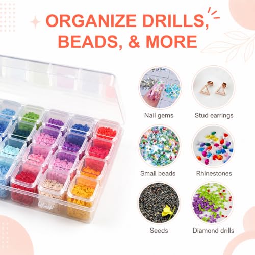 CGCG 5-Pack 28-Grid Clear Plastic Small Bead Organizer Storage Box | Portable diamond painting case with lids, mini craft containers for nail art glitter, seed sorting, jewelry making, sequins