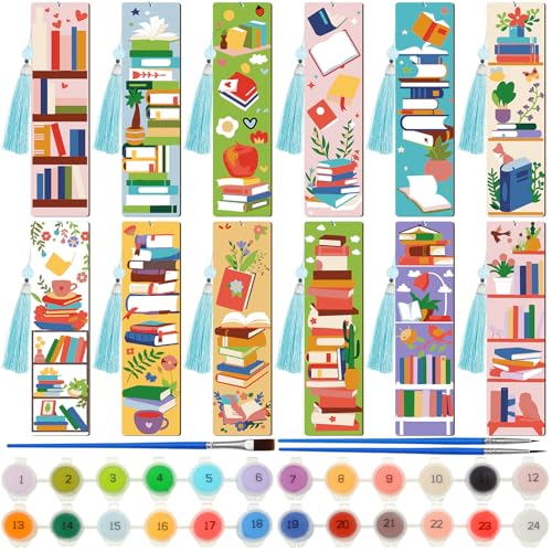 Kosiz 12 Pcs Book Paint by Number Kit for Adult Wood Bookmark | Mini Paint by Numbers Kit, Painting Decor, Back to School Tassels Blank Bookmark, for Small DIY Craft Book Lovers Gift 7x2 '' - style: Book