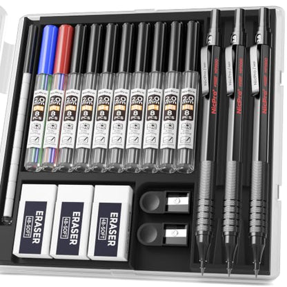Nicpro 3 PCS Metal 2.0mm Mechanical Pencil Set with Case for Sketching - color: Black