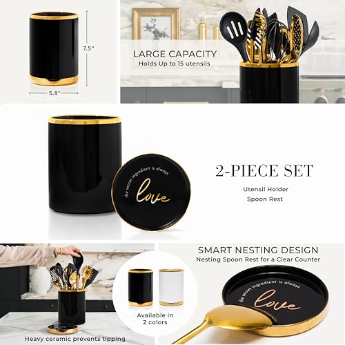 STYLED SETTINGS Black and Gold Utensil Holder with Built-in Spoon Rest | 2-Piece Black and Gold Spatula Holder, Kitchen Accessory, Utensils Not Included - color: Black & Gold