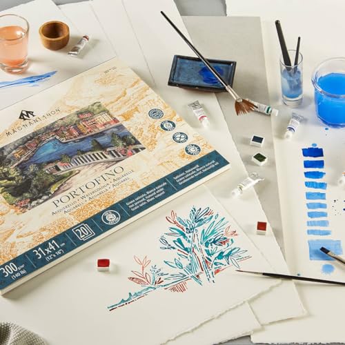 Magnani 1404 Portofino Hot Press 100% Cotton Watercolor Paper Block, 10 Sheets, 4.5x9, 300 lb, Acid-Free, UV Resistant, Vegan Sized Water Color Paper for Artists, Made in Italy - size: 12x16" Block
