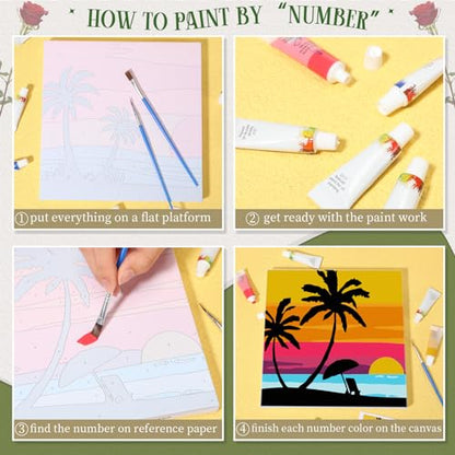 Nezyo 12 Sets Paint by Numbers Kit with Frame for Adults, Acrylic 8x8 Inch | DIY Canvas Ideal for Beginners, Great for Parties and Classroom Activities, Includes Brushes and Paints, Birthday Gift - style: Summer