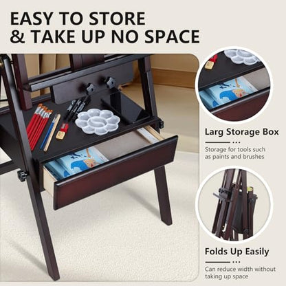 Beech Wood H-Frame Painting Easel with Storage Drawer, Walnut | Heavy-duty Studio Easel, Adjustable Height & Angle Floor Easel Stand, Holds 30"-50" Canvas, Foldable Artist Easel for Adults - color: Walnut