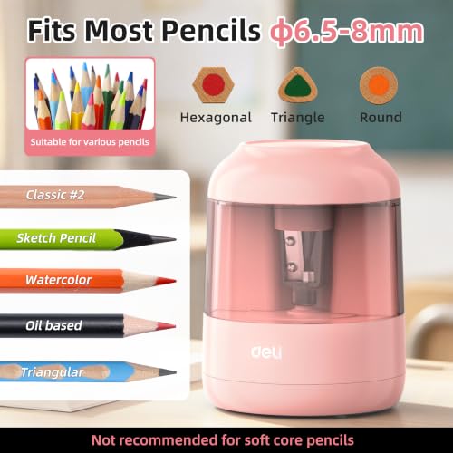 deli Electric Pencil Sharpener, Battery Operated, 6.5–8mm for Classroom | Battery Electric Pencil Sharpener, Durable Blade 5000+ Sharpen, Fits 6.5-8mm Pencils Classroom Kids Home - color: Pink
