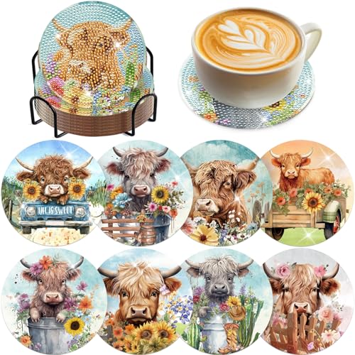 Highland Cow Diamond Painting Coasters - 8 PCS Diamond Art Kits DIY with Flower Non Slip Shining Drinks Coasters Farmhouse Art Craft Supplies Table Decor Birthday Gift for Cowgirl Cow Lovers Beginners - color: Highland Cow