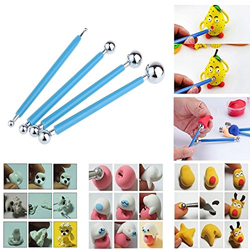 Ecjiuyi 9PCS Sculpting Tools,4PCS Double-Ended Metal Ceramic Clay Ball Stylus Dotting Tools and 5PCS 2 Way Silicone Polymer and Embossing Paper Flower Indentation Tool Set - color: blue