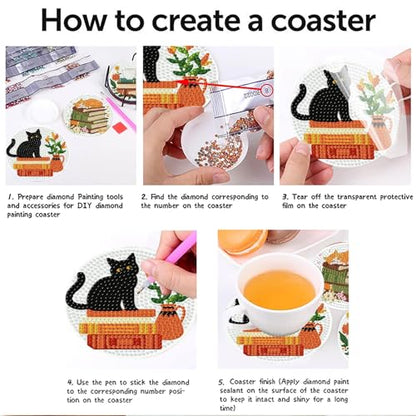 gganmtere 8 PCS Cat Diamond Painting Coasters Kits Set,Books Diamond Coaster with Holder,5D DIY Full Drill Adult Diamond Art Present - color: JXBD97