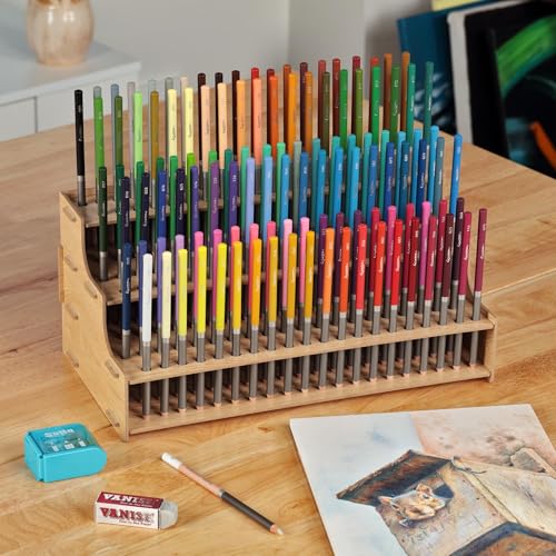 HG Art Concepts Mezzo Artist Studio Colored Pencil Holder - Desktop Color Pencil Organizer, Easy Assembly Upright Storage Rack for 120 Pencils, 3/8" Diameter Holes w/Point Rest, Woodgrain Laminate