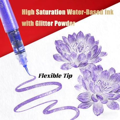 ROSYMENG 12 Colors Glitter Paint Pens, Extra Fine 0.05mm Metallic Brush Pen | Water‑Based, Smooth Ink Flow, Great for Adults DIY Crafts, Greeting Cards, Journaling, Drawing, Scrapbooks -Style A - color: 12 Colors (Style A)