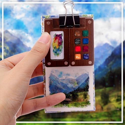 Qilery Mini Portable Watercolor Palette Set Wooden Grid Paint Box Watercolor Paper Sketch Book Brush Pens with Binder Clip for Painters Artist Not Include Paint(Blueberry) - style: Blueberry