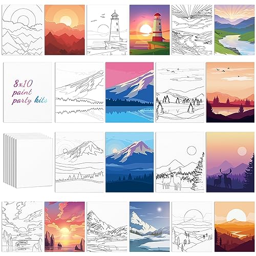 Chuangdi 10 Pcs Landscape Pre Drawn Canvas for Painting Pre Printed Paint and Sip Party Supplies 8 x 10 Inch Stretched Outline Board Painting Kit for Adults Beginner Artist DIY - style: Landscape