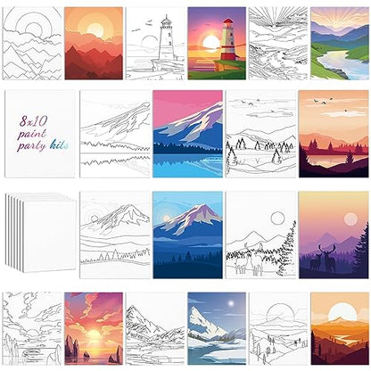 Chuangdi 10 Pcs Landscape Pre Drawn Canvas for Painting Pre Printed Paint and Sip Party Supplies 8 x 10 Inch Stretched Outline Board Painting Kit for Adults Beginner Artist DIY - style: Landscape